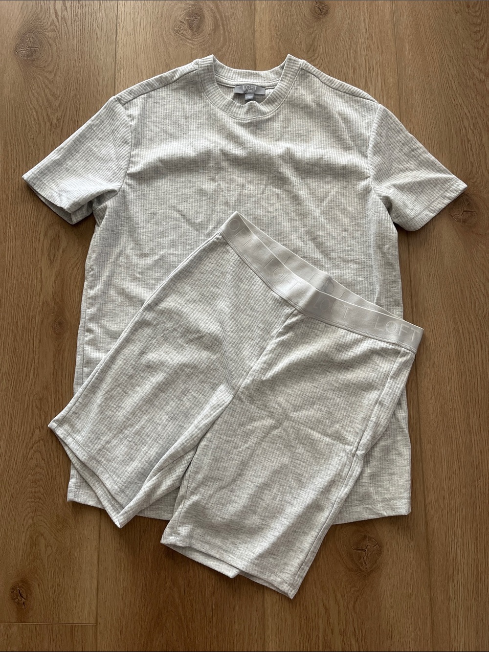 LOFT Light Gray Ribbed Short Sleeve Shirt & Matching Shorts sleep Set